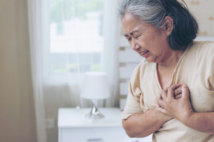 A senior female suffering from bad chest pain